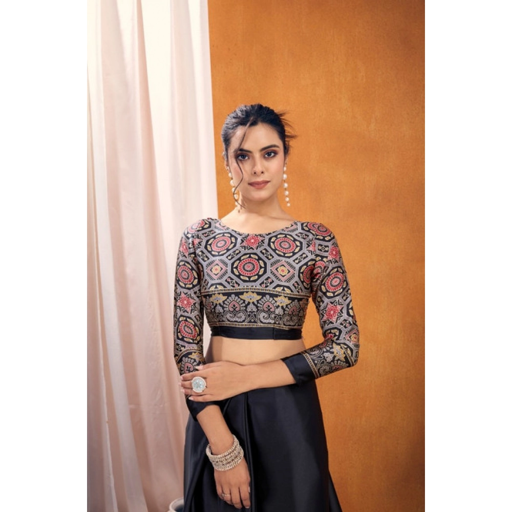 Generic Women's Satin Crepe Printed Saree With Unstitched Blouse 5.5Mtr (Black) Generic Women's Satin Crepe Printed Saree With Unstitched Blouse 5.5Mtr (Black)