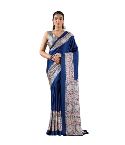 Generic Women's Satin Crepe Printed Saree With Unstitched Blouse 5.5Mtr (Blue)