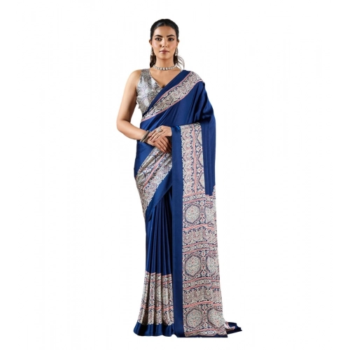 Generic Women's Satin Crepe Printed Saree With Unstitched Blouse 5.5Mtr (Blue)