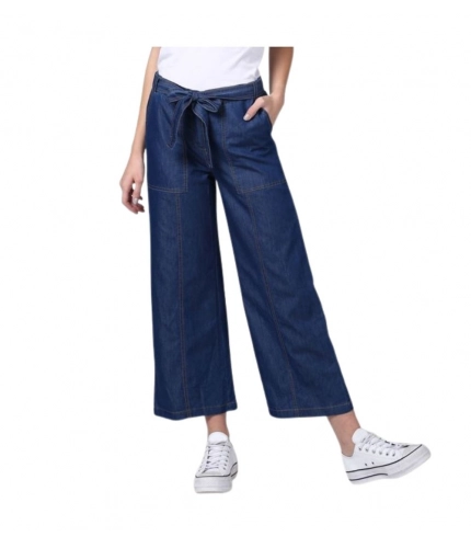 Generic Women's Denim Solid Elasticated Trousers (Blue)