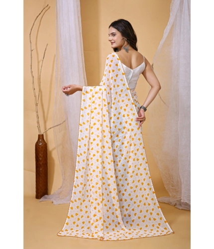 Generic Women's Georgette Printed Saree With Unstitched Blouse 5.5Mtr (White-Yellow)