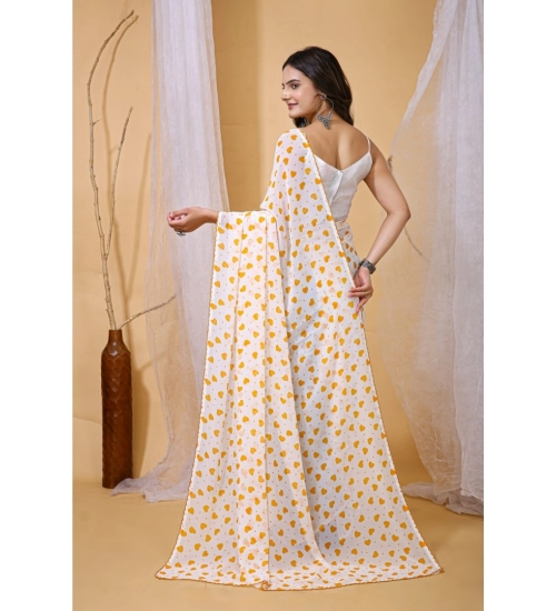 Generic Women's Georgette Printed Saree With Unstitched Blouse 5.5Mtr (White-Yellow)