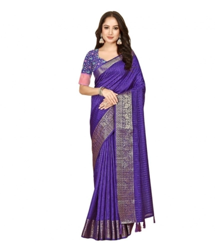 Generic Women's Cotton Blend Checkered Saree With Unstitched Blouse 5.5Mtr (Royal Blue)