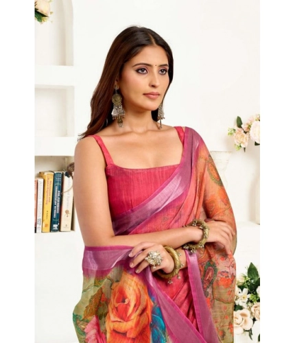 Generic Women's Faux Linen Floral Print Ready to wear Saree With Unstitched Blouse 5.5Mtr (Pink)