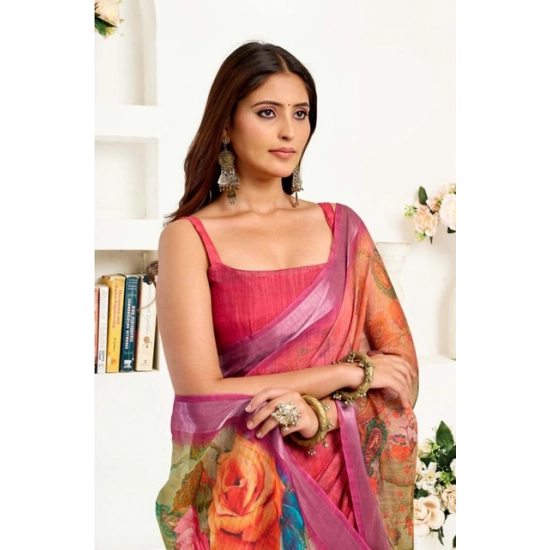 Generic Women's Faux Linen Floral Print Ready to wear Saree With Unstitched Blouse 5.5Mtr (Pink) Generic Women's Faux Linen Floral Print Ready to wear Saree With Unstitched Blouse 5.5Mtr (Pink)