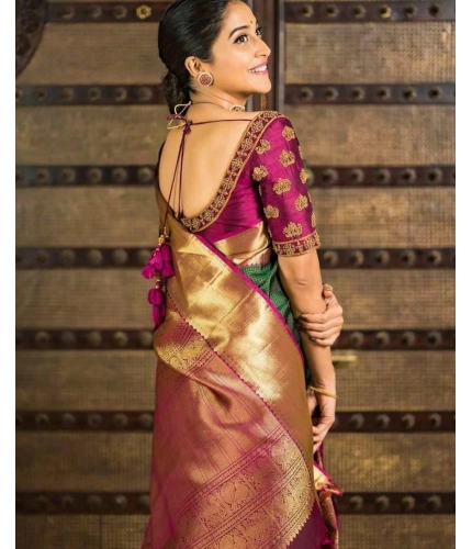 Generic Women's Soft Lichi Silk Printed Saree With Unstitched Blouse 5.5Mtr (Green)