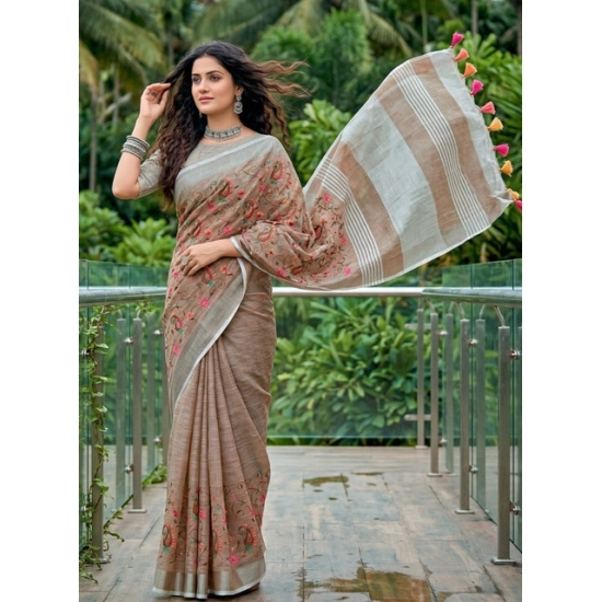 Generic Women's Linen Floral Embroidered Saree With Unstitched Blouse 5.5Mtr (Brown) Generic Women's Linen Floral Embroidered Saree With Unstitched Blouse 5.5Mtr (Brown)