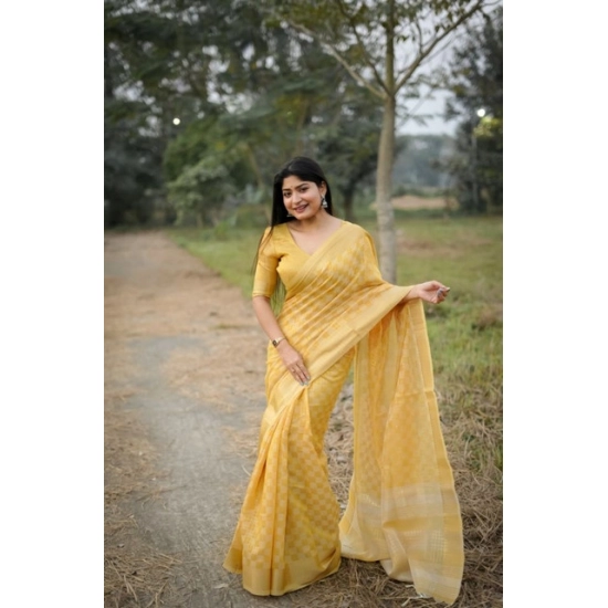 Generic Women's Silk_Blend Checked Saree With Unstitched Blouse 5.5Mtr (Yellow)