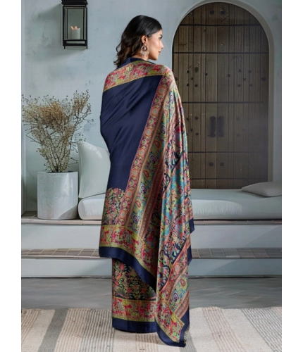 Generic Women's Satin Crepe Printed Saree With Unstitched Blouse 5.5Mtr (Navy Blue)