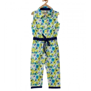Generic Girl's Cotton Floral Sleeveless Jumpsuit (Yellow)