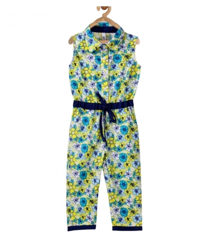Generic Girl's Cotton Floral Sleeveless Jumpsuit (Yellow)
