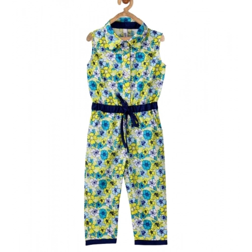 Generic Girl's Cotton Floral Sleeveless Jumpsuit (Yellow)