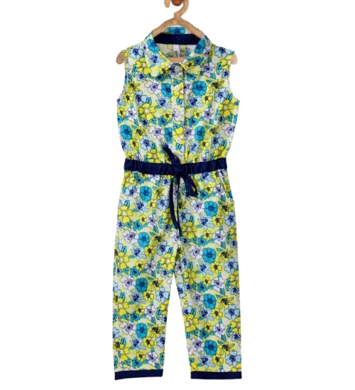 Generic Girl's Cotton Floral Sleeveless Jumpsuit (Yellow)