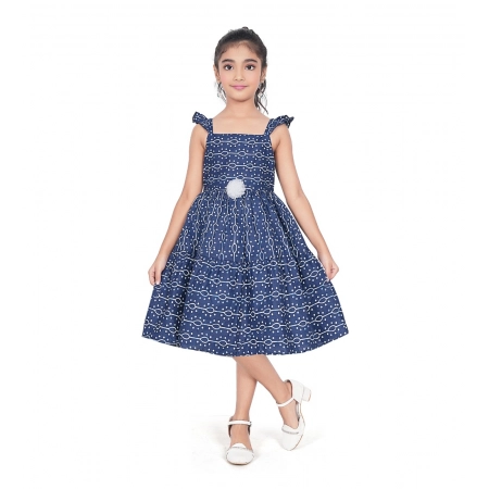 Generic Girl's Cotton Printed Sleeve Less Squre Neck Dress (Navy Blue)