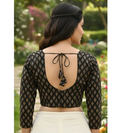 Generic Women's Ajrakh Cotton Halter Neck Padded Blouse (Black, 38 Ready Size (Self-Alterable 36–40)