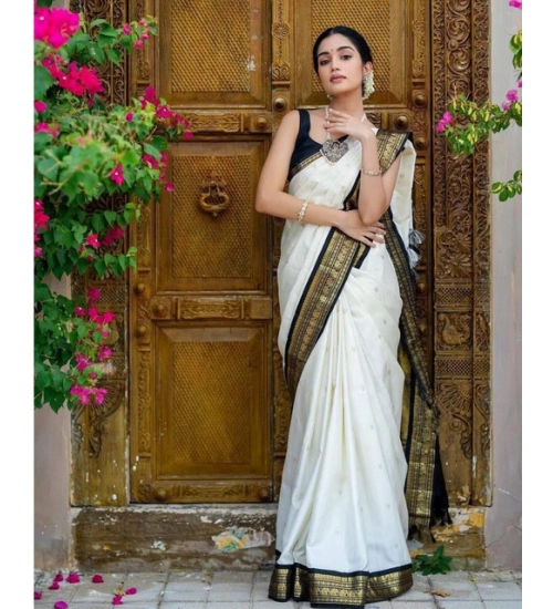 Generic Women's Soft Litchi Silk Jacquard Work Saree With Unstitched Blouse 5.5Mtr (White)