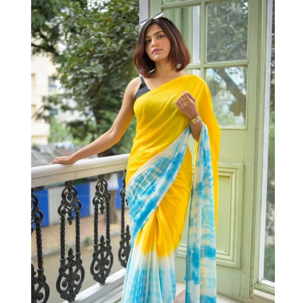 Generic Women's Linen Printed Saree With Unstitched Blouse 5.5Mtr (Multicolor)