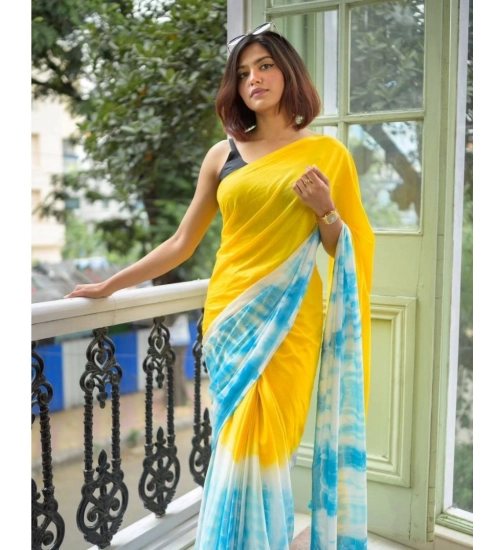 Generic Women's Linen Printed Saree With Unstitched Blouse 5.5Mtr (Multicolor)