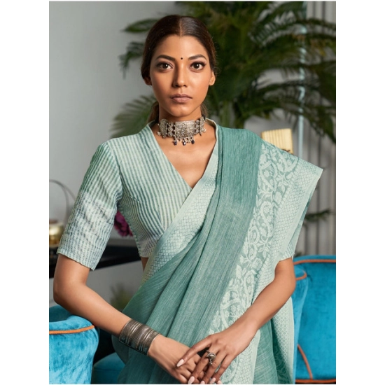 Generic Women's Linen Printed Saree With Unstitched Blouse 5.5Mtr (Sea Green)