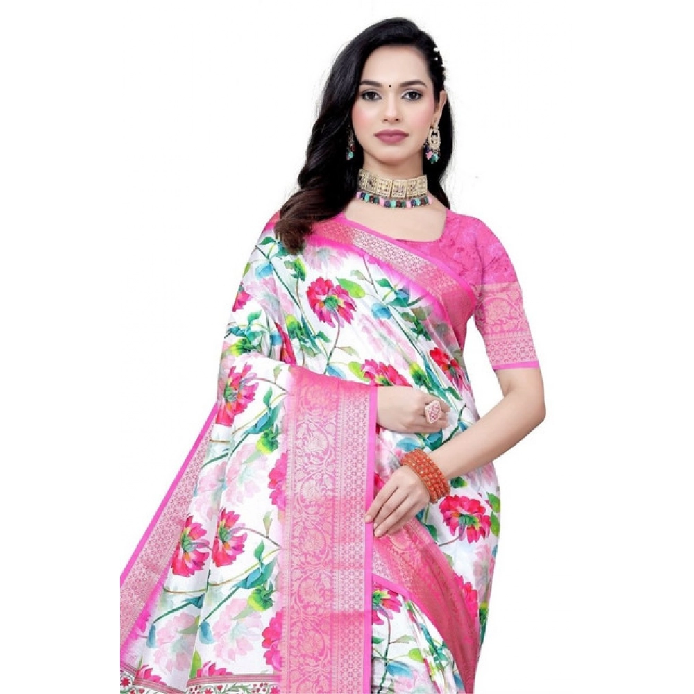 Women’s Cotton Silk Floral Printed Saree With Unstitched Blouse 5.5Mtr (Pink-White)