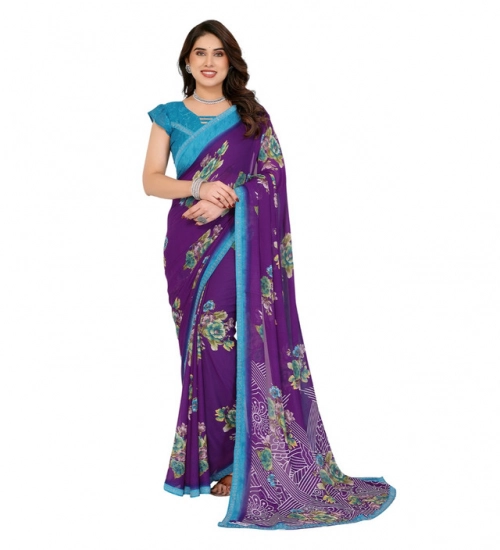 Generic Women's Georgette Printed Saree With Unstitched Blouse 5.5Mtr (Purple)