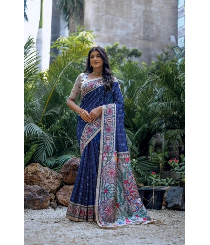 Generic Women's Faux_Tussar Geometric_Print Saree With Unstitched Blouse 5.5Mtr (Blue)