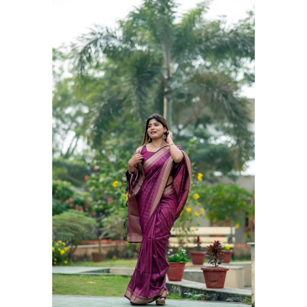 Generic Women's Faux_Banarasi Lining Pattern Saree With Unstitched Blouse 5.5Mtr (Magenta)