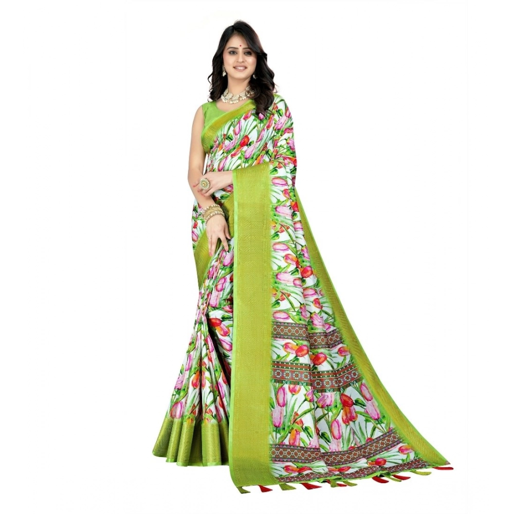 Women’s Cotton Silk Floral Printed Saree With Unstitched Blouse 5.5Mtr (Green-White)