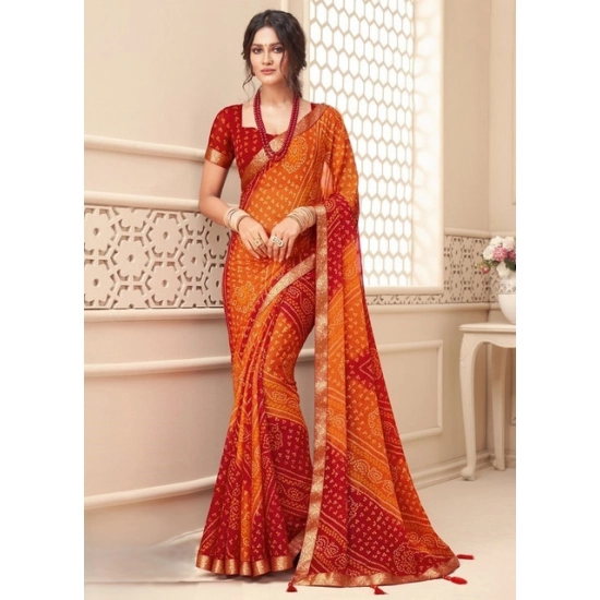 Generic Women's Georgette Bandhani Printed Saree With Unstitched Blouse 5.5Mtr (Orange-Red)