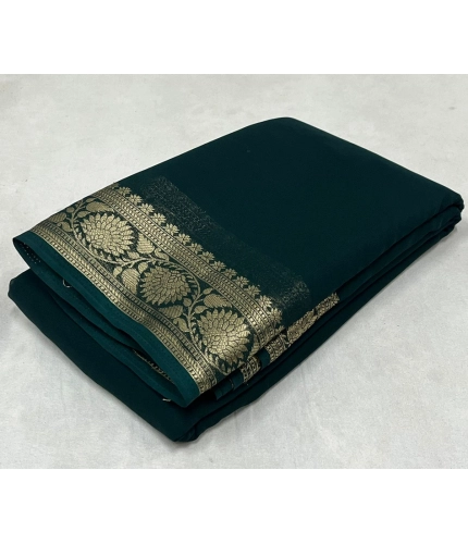 Generic Women's Crepe Chit Pallu Solid Saree With Unstitched Blouse 5.5Mtr (Green)