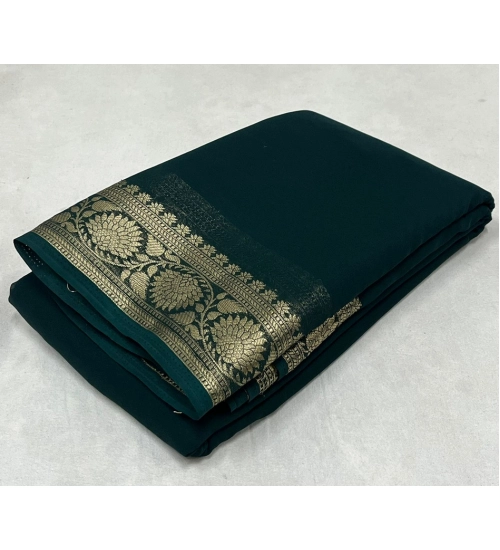 Generic Women's Crepe Chit Pallu Solid Saree With Unstitched Blouse 5.5Mtr (Green)