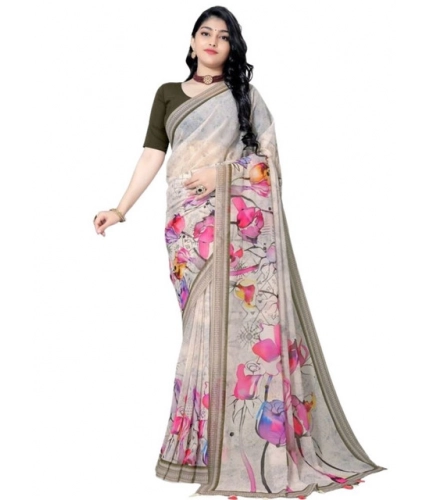 Generic Women's Georgette Floral Printed Saree With Unstitched Blouse 5.5Mtr (Beige)