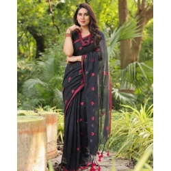 Generic Women's Linen Printed Saree With Unstitched Blouse 5.5Mtr (Black)