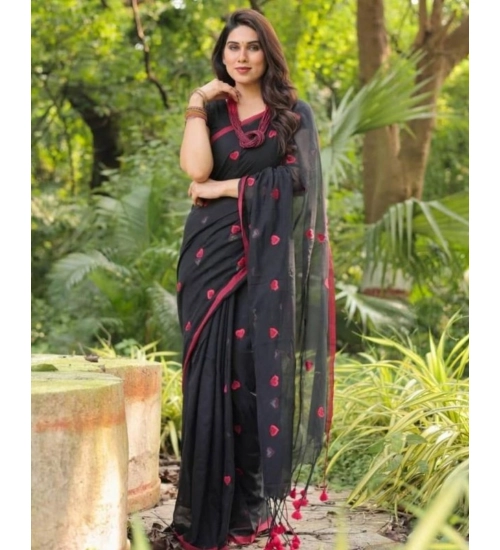Generic Women's Linen Printed Saree With Unstitched Blouse 5.5Mtr (Black)