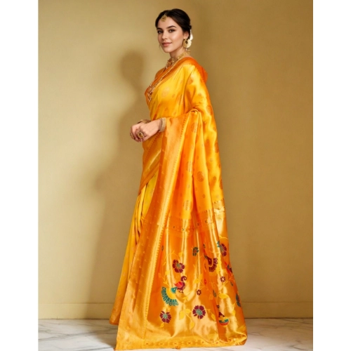 Women's Silk Blend Paithani Saree With Unstitched Blouse 5.5Mtr (Mustard)