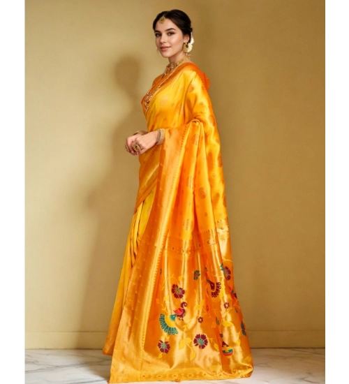 Generic Women's Silk Blend Paithani Saree With Unstitched Blouse 5.5Mtr (Mustard)