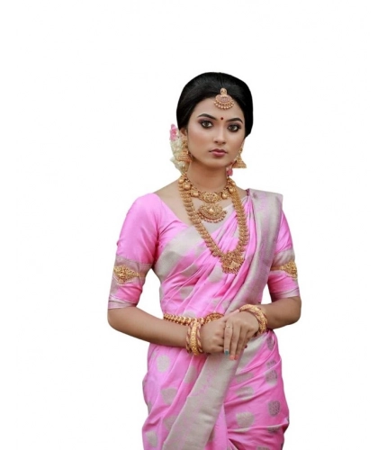 Generic Women's Soft Lichi Silk Printed Saree With Unstitched Blouse 5.5Mtr (Pink)