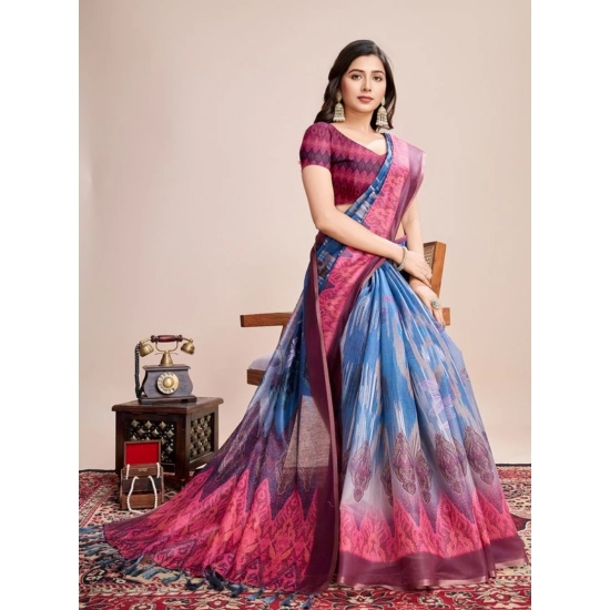 Generic Women's Semi Cotton Digital Print Saree With Unstitched Blouse 5.5Mtr (Blue)