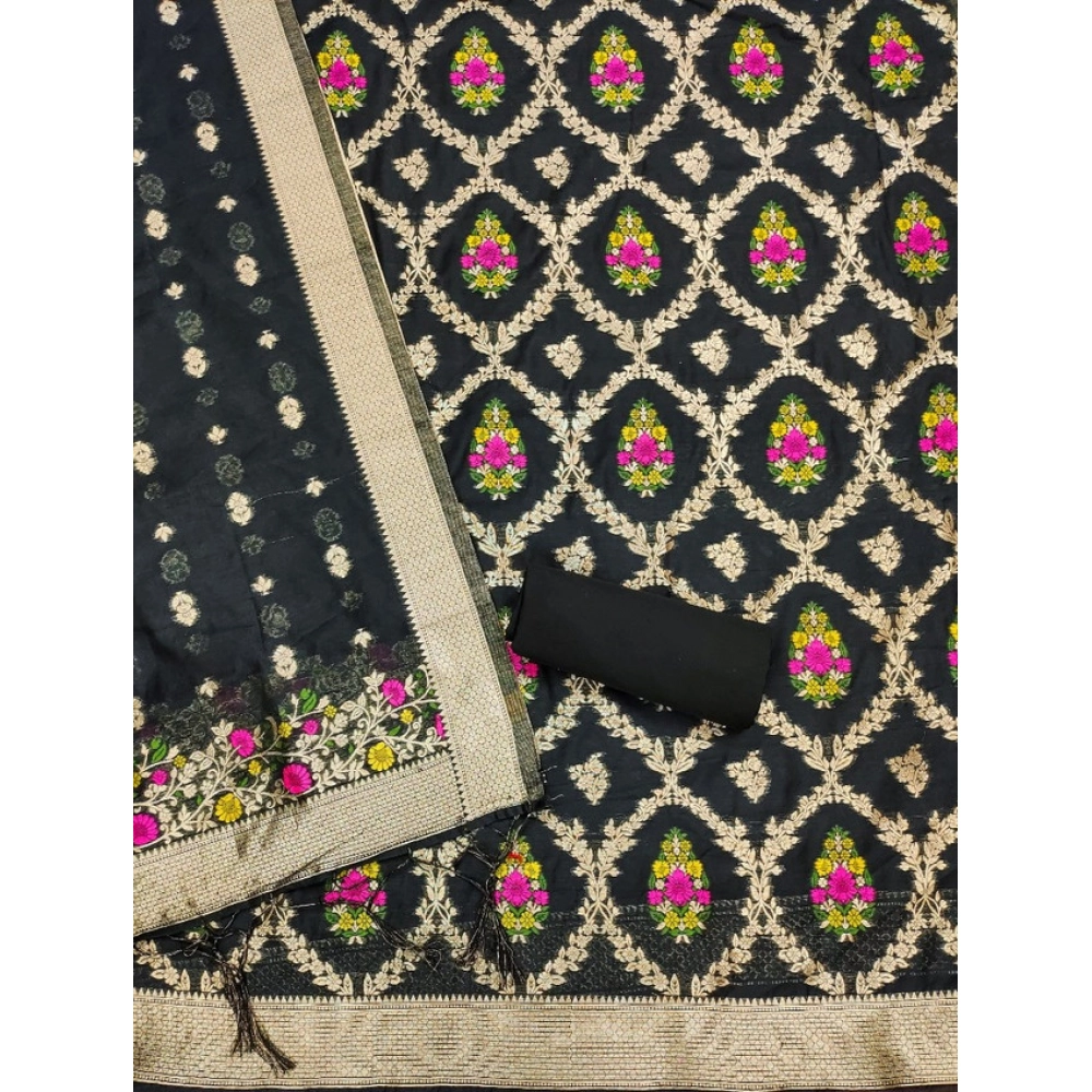 Generic Women's Banarasi Silk Printed Unstitched Salwar Suit Material With Dupatta (Black, 3Mtrs) Generic Women's Banarasi Silk Printed Unstitched Salwar Suit Material With Dupatta (Black, 3Mtrs)