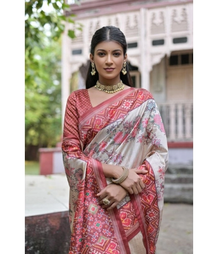 Generic Women's Faux_Tussar Floral Jal With Patola Print Saree With Unstitched Blouse 5.5Mtr (Maroon)