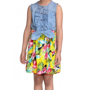 Generic Girl's Denim Floral Sleeveless Dress (Blue-Yellow)