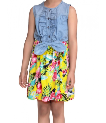 Generic Girl's Denim Floral Sleeveless Dress (Blue-Yellow)