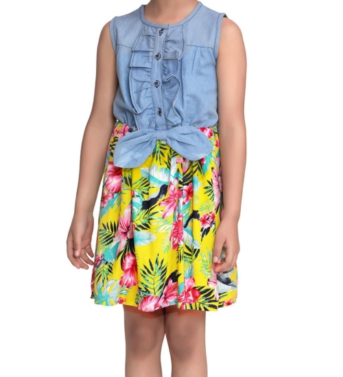Generic Girl's Denim Floral Sleeveless Dress (Blue-Yellow)