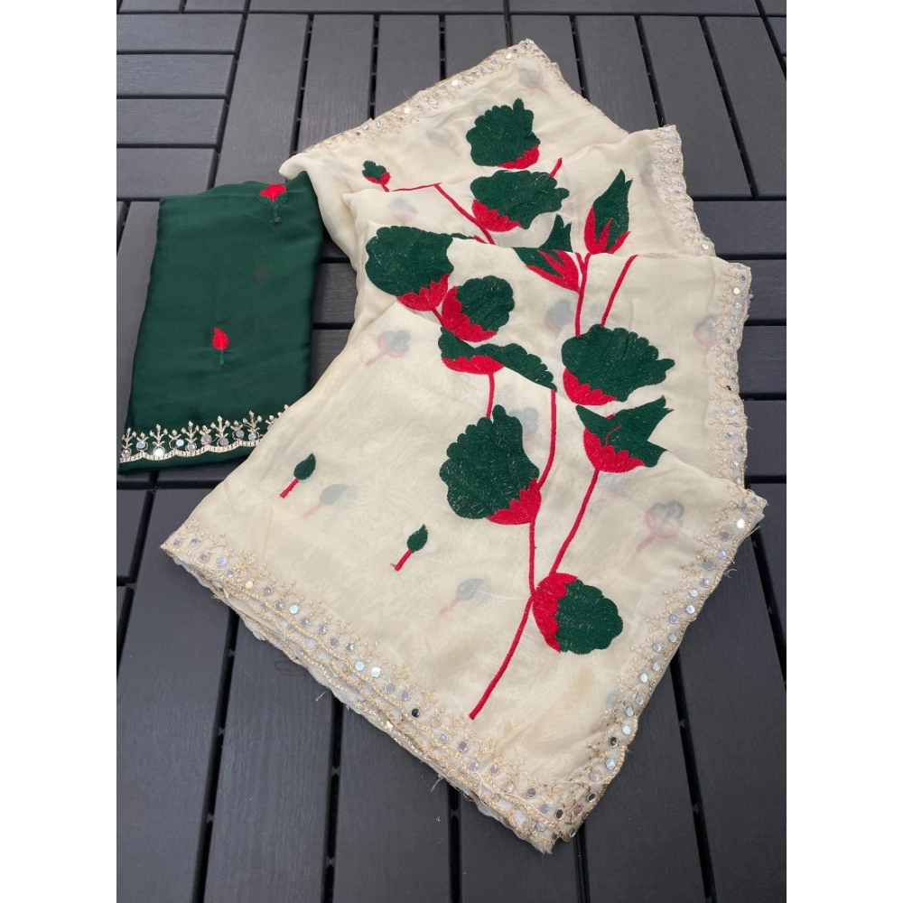 Generic Women's Georgette Embellished Saree With Unstitched Blouse 5.5Mtr�(Cream-Green)