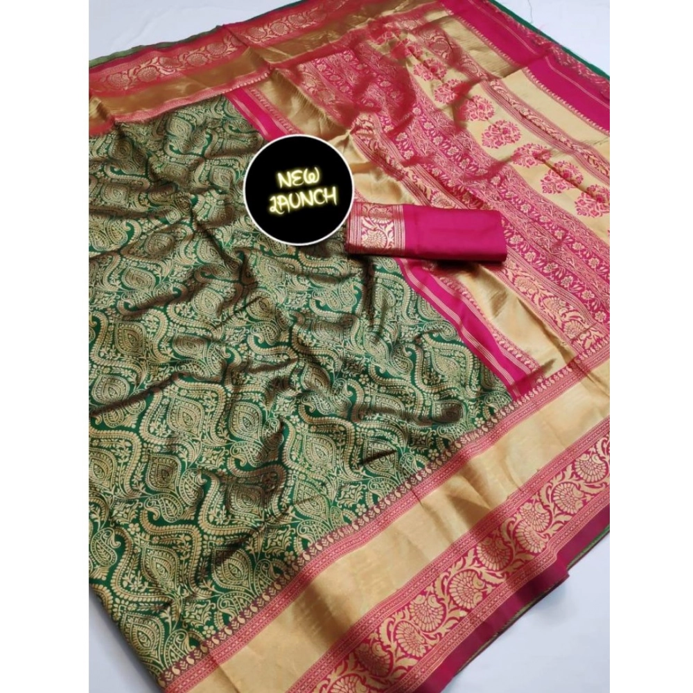 Generic Women's  Soft Litchi Silk Jacquard Work Saree With Unstitched Blouse 5.5Mtr (Green)