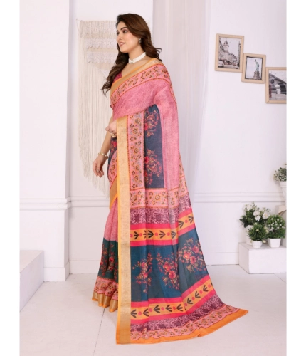 Generic Women's Linen Cotton  Printed Saree With Unstitched Blouse 5.5Mtr (Pink)