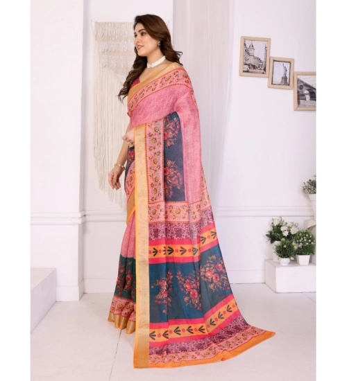 Generic Women's Linen Cotton  Printed Saree With Unstitched Blouse 5.5Mtr (Pink)