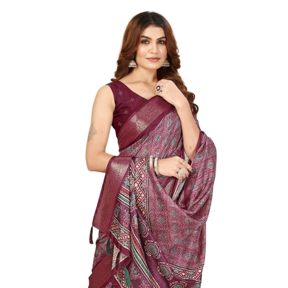 Generic Women's Cotton Blend Printed Saree With Unstitched Blouse 5.5Mtr (Wine)