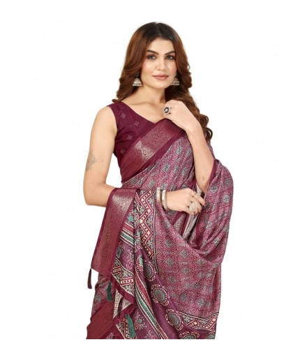 Generic Women's Cotton Blend Printed Saree With Unstitched Blouse 5.5Mtr (Wine)