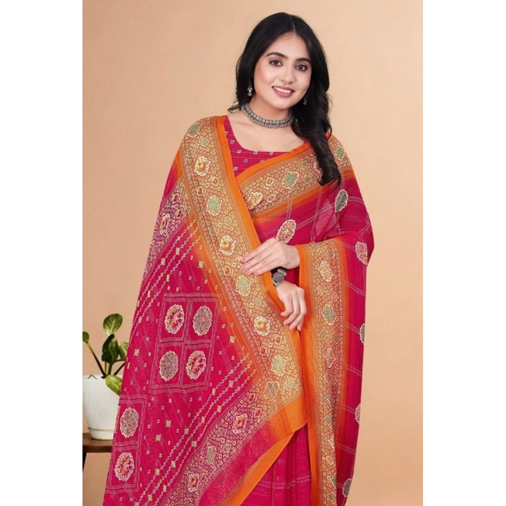 Women’s Art Silk Printed Saree With Unstitched Blouse 5.5Mtr (Pink)